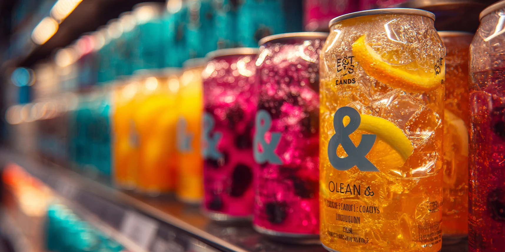 Close-up of colorful transparent drink cans