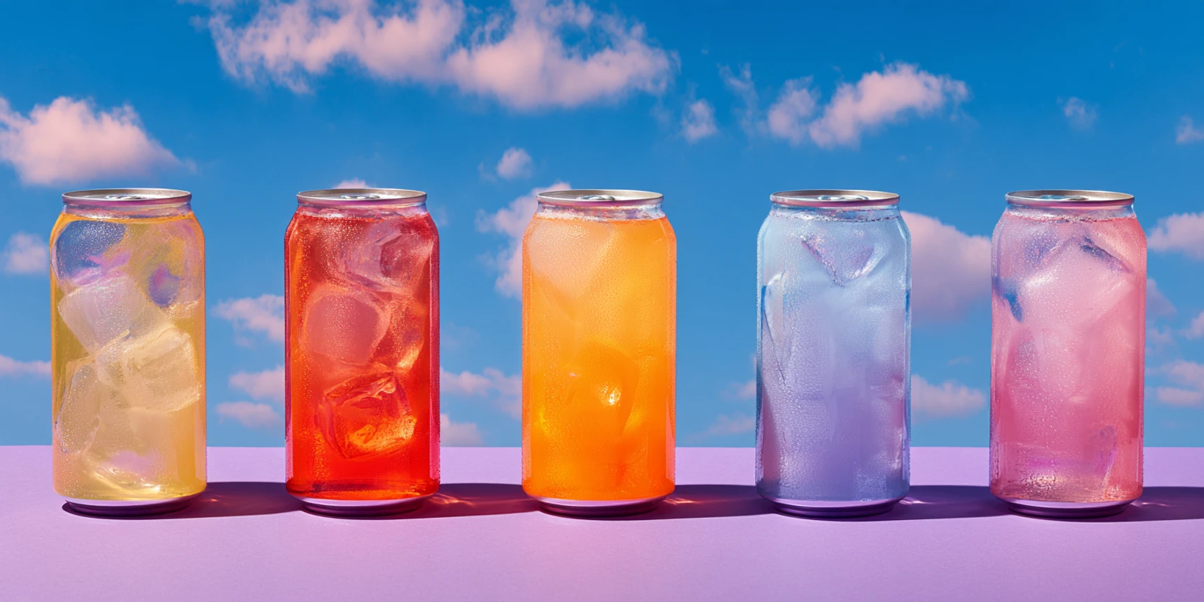 Five colorful transparent cans against a blue sky
